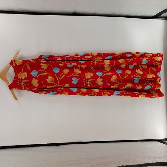 Harold's Floral Red Maxi Dress Size 14 Sleeveless Tulip Print Blue Peach Summer - Picture 1 of 6